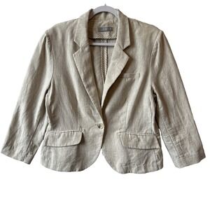 Olivia Moon 100% Linen Neutral 3/4 Sleeve Blazer XL Fitted Quiet Luxury‎ Preppy